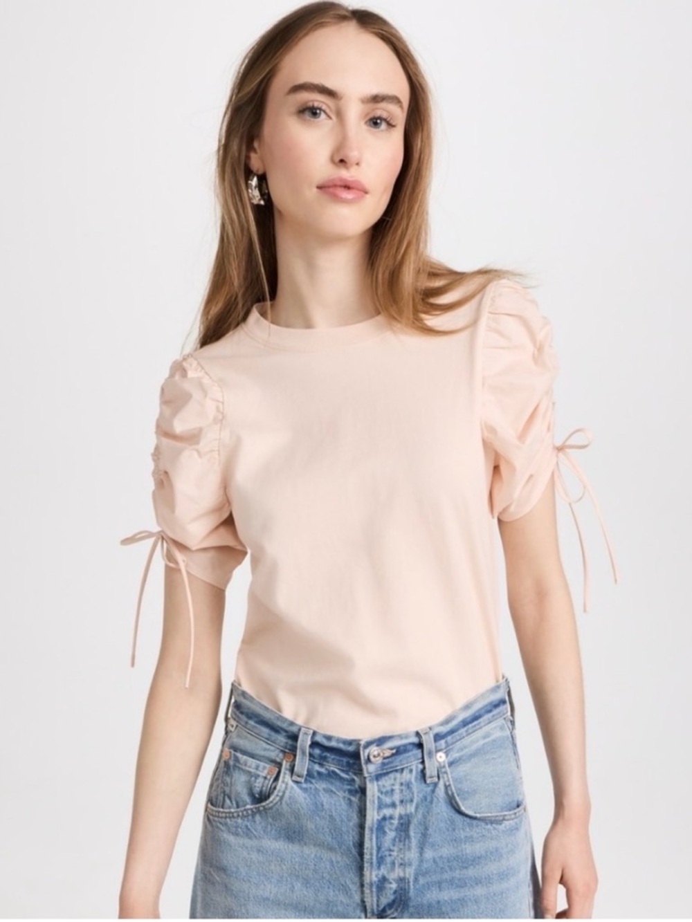 FRAME Ruched Tie Sleeve Tee Women XL Blush Pink Puff Sleeve Cotton NWT
